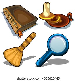 Set of vintage items. Candlestick, book, magnifying glass. Vector illustration.