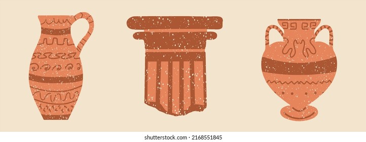 Set of vintage items. Ceramic vase, marble ruin, column, decorative element. Hand drawn vectors. All elements are isolated.