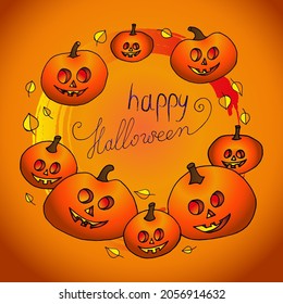 Set of vintage jack-o-lantern Halloween pumpkins wreath on gradient background. The main symbol of the Happy Halloween holiday. Hand drawn black doodle sketch outline. Vector illustration.