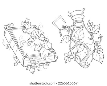 Set Vintage jar and book entwined with ivy. Children coloring book, black lines on a white background.