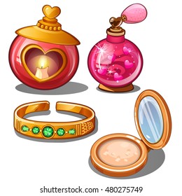 Set of vintage jewelry and cosmetics. Vector illustration.