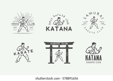 Set of vintage karate or martial arts logo, emblem, badge, label and design elements in retro style. Vector illustration. Monochrome Graphic Art.

