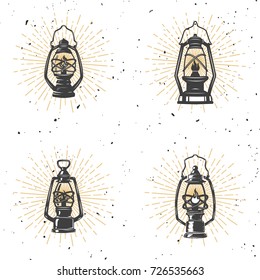 Set of vintage kerosene lamp illustration on white background. Design element for logo, label, emblem, sign. Vector illustration