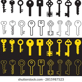 Set of vintage key icons isolated in fill and outline vector icon with editable stroke. Multi color Antique key silhouette on a white background. Old and New key icon flat design vector illustration