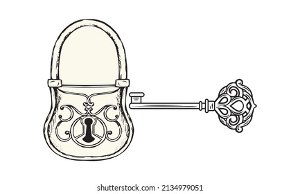 Set of vintage key and lock. Vector illustration cartoon padlock. Secret, mystery or safe icon.