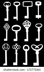 Set of vintage key vector sign. White silhouette isolated on black background illustration.