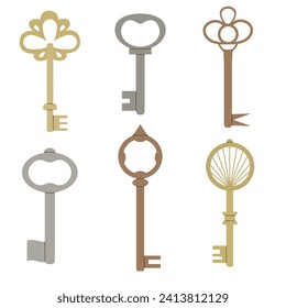 Set of vintage keys. Antique gold, silver, bronze metal. Vector isolated on white background.