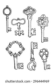 Set of vintage keys. Free hand sketch. Vector illustration.