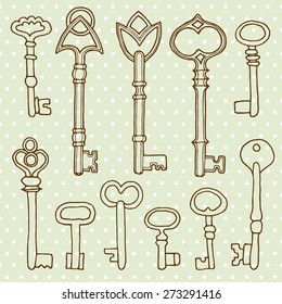 Set of vintage keys. Hand drawn vector illustration.