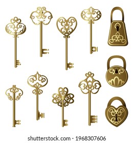 Set of vintage keys and locks on a white isolated background. Antique household items. Vector illustration.
