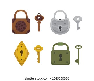 Set of vintage keys and locks. Vector illustration cartoon padlock. Secret, mystery or safe icon.