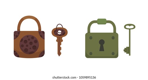 Set of vintage keys and locks. Vector illustration cartoon padlock. Secret, mystery or safe icon.