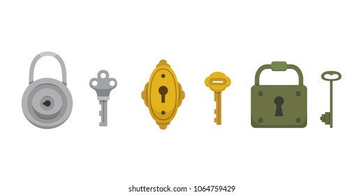 Set of vintage keys and locks. Vector illustration cartoon padlock. Secret, mystery or safe icon.