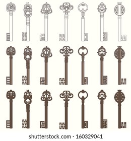 Set with vintage keys on white. Vector illustration