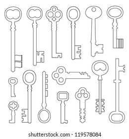 Set of vintage keys. Retro different key shape isolated on white. Vector illustration