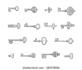 Set of vintage keys in vector.  Doodles. Isolated  on a white background.