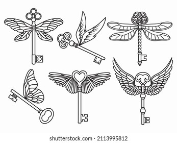 Set of vintage keys with wings. Collection of flying antique keys  for locking and unlocking doors. Valentine’s day decorations. Vector illustration of padlock.