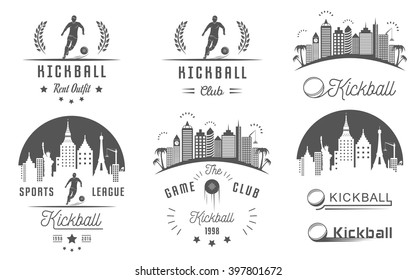 Set of vintage kickball labels, logo, sign, badges, icons and outfit. Collection of kickball club emblem and design elements. Kickballl tournament professional logo and sports graphic.