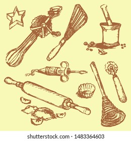 Set of vintage kitchen accessories for making pastry. Sketch. Nine drawn objects. Collection of vector images