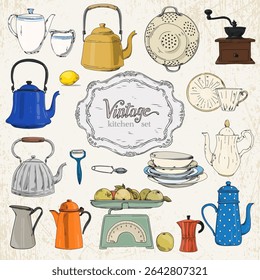 Set of vintage kitchen set with kettles, dishes, scales, coffee grinder, fruits and kitchen accessories on a light textured background in retro style.