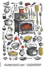 The set of vintage kitchenware. Collection of old kitchen stuff. Ink hand drawn illustration. Ancient oven, plates, spoons, knives, pots, kettles, etc.