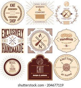 Set of vintage knitting labels, badges and design elements. Vector illustration