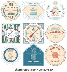 Set of vintage knitting labels, badges and design elements. Vector illustration