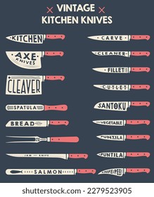 Set of Vintage Knives object with typography vector Illustration