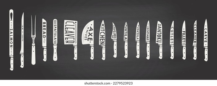Set of Vintage Knives object  with typography on blackboard background vector Illustration