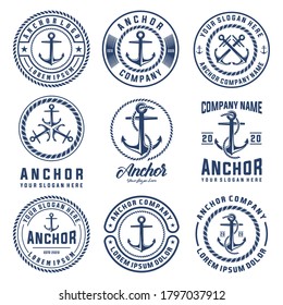 Set of  Vintage label with an anchor and slogan, Vector illustration, anchor icon on black background, Simple shape for design logo, emblem, symbol, sign, badge, label, stamp, Apparel t-shirt design