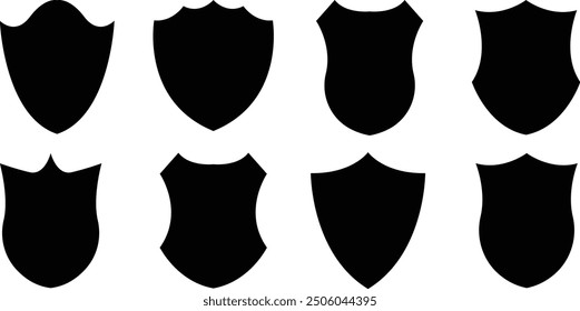 Set von Vintage-Label, Abzeichen, Sicherheitsschild Symbole Form Kollektionen. Symbole in Form eines schwarzen Sicherheitsschilds. Kollektion der Form des Umrissschilds. Sicherheits-, Design-, Sicherheits- und Schutzsymbol