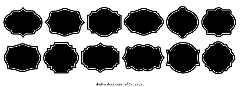 Set von Vintage-Label und Abzeichen Form Kollektionen. Vektorillustration. Schwarze Vorlage für Patch, Insignien, Overlay.	