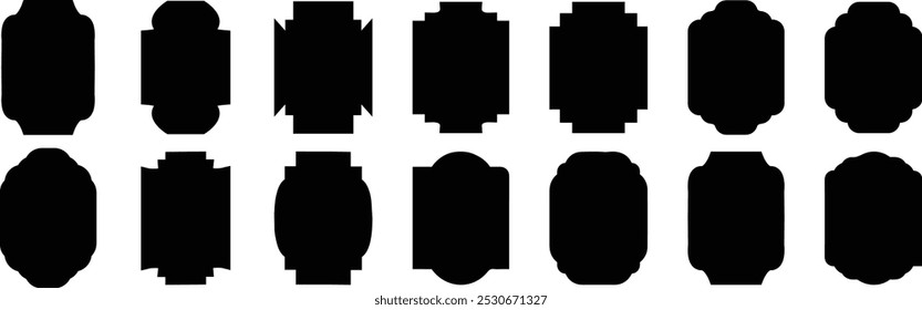 Conjunto de coleções de formas de etiquetas e emblemas vintage. Quadros decorativos preto e branco, modelo preto para patch,   quadros decorativos vintage. insígnias, sobreposição.