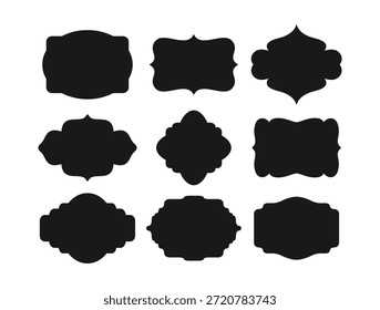 Conjunto de coleções de formas de etiquetas e emblemas vintage. Ilustração vetorial. Modelo preto para patch, insígnias, sobreposição. Molduras de silhueta preta ou cartouches para emblemas.