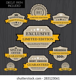 Set of vintage label design with yellow ribbon template, Retro badge logo template design, High Quality, Limited edition, Guaranteed, Premium Quality, tag labels