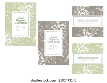 set of vintage label designs with hand drawn illustration of peony flowers