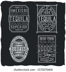 A set of vintage label designs with lettering compositions on dark background. T-shirt design.