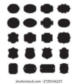 Conjunto de quadros de etiquetas vintage e formas de distintivo em preto e branco, ideal para logotipos, embalagens, marcas, adesivos e projetos de design retro.