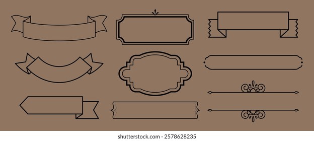 Set of vintage label frames and banners on a brown background. Includes various shapes like rectangles and ovals. Perfect for retro design projects. Vintage illustrations, isolated element vector set.