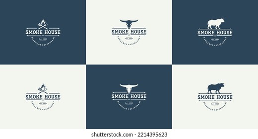 Set of vintage label steak house, beef steak, barbecue logo design vector.