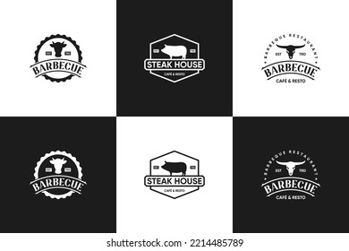 Set of vintage label steak house, barbecue logo design for restaurant or meat store.