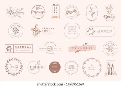 Conjunto de rótulos vintage e emblemas para produtos de beleza, naturais e orgânicos, cosméticos, spa e bem-estar, moda. Ilustrações vetoriais para design gráfico e web, material de marketing, promoções de produtos