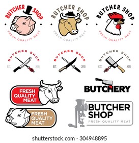 Set Of Vintage Labels, Badges, Design Elements And Logo Of Butchery Meat Shop. Vector.