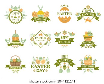 Set of vintage labels and badges of easter theme. Easter retro badge, spring celebration banner and emblem. Vector illustration