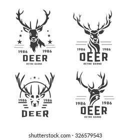 Set of vintage labels, badges logo design elements. Deer head, artistic emblems. Stylized collection wild animal. Vector illustration.