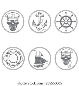 set of vintage labels with boat ,captain skull ,wheel,anchor and lifebuoy