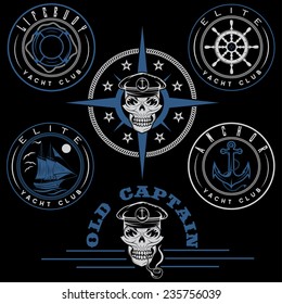 set of vintage labels with boat ,captain skull ,wheel,anchor and lifebuoy