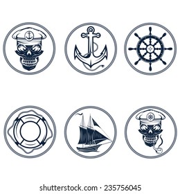 set of vintage labels with boat ,captain skull ,wheel,anchor and lifebuoy