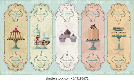 Set of vintage labels with cakes and chocolate sweets