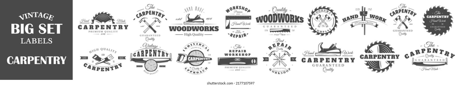 Set of vintage labels carpentry. Posters, stamps, banners and design elements. Vector illustration